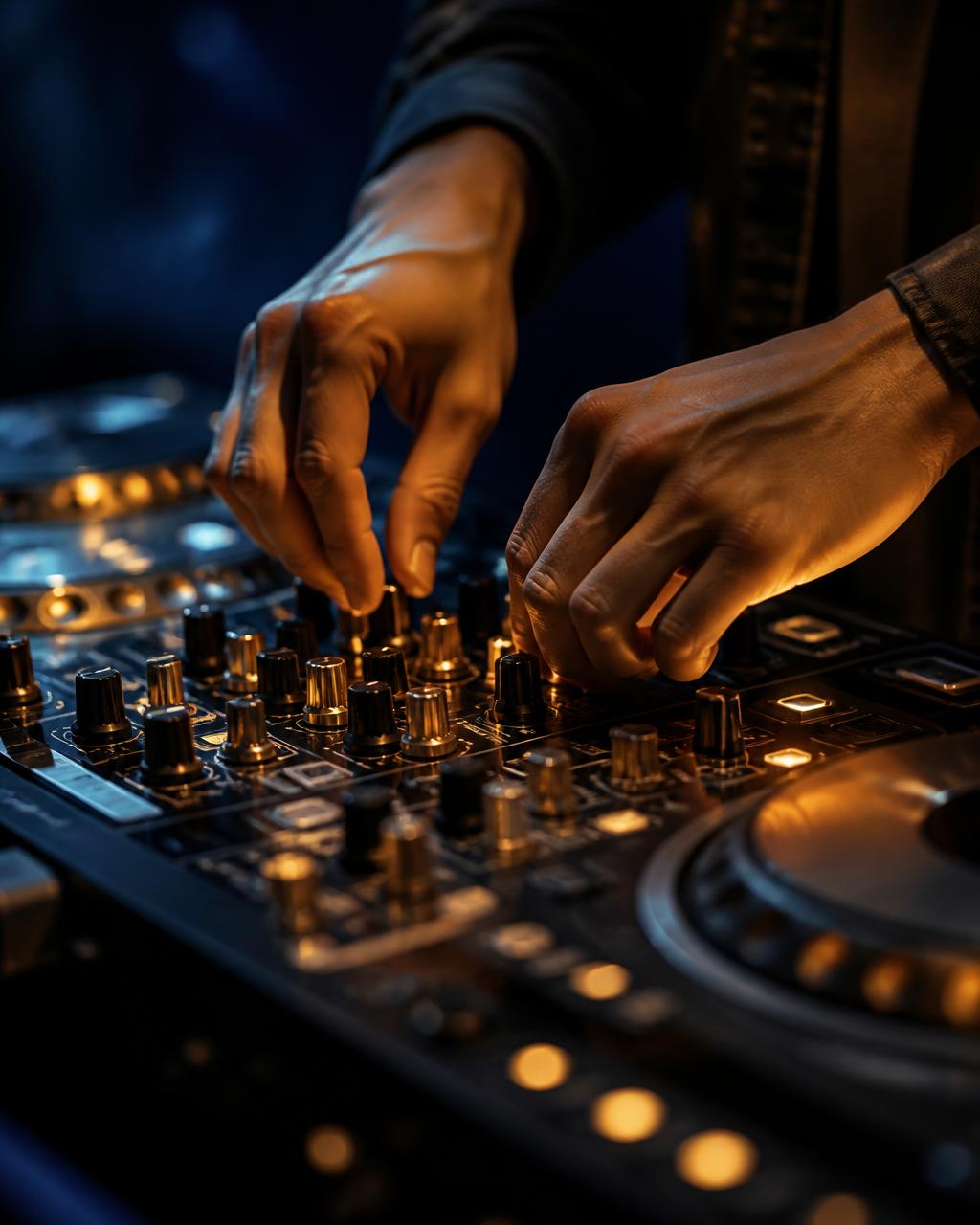 DJ mixing on decks under gold stage lighting